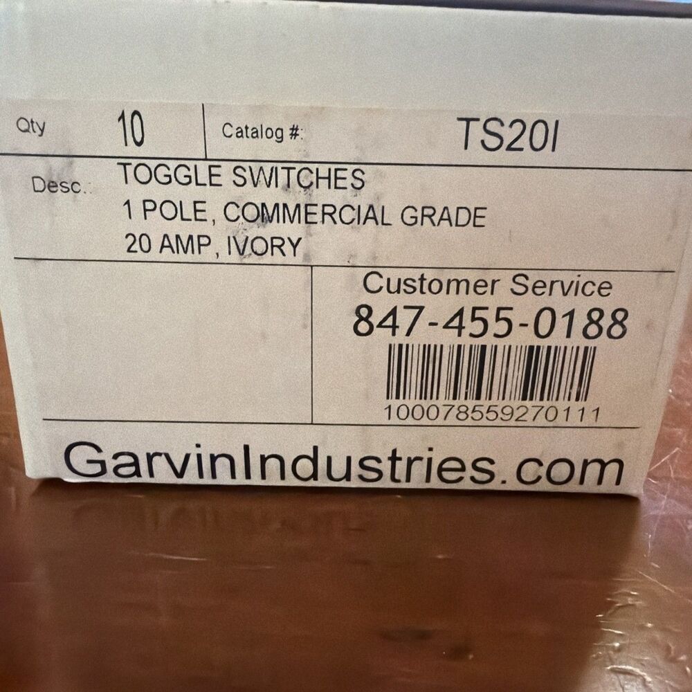 Garvin TS20I 20A Commercial Toggle Switch Single Pole Ivory 120/277V Box of 10